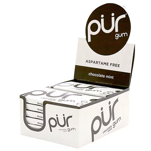 Box of pur gum with chocolate mint flavor on a white background