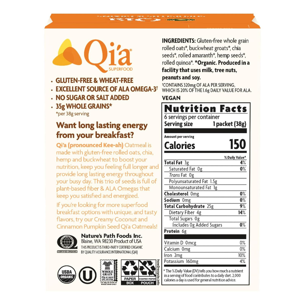 Qia cereal packaging with nutritional information and ingredient list on a white background