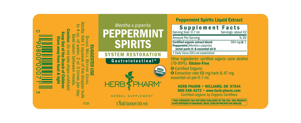 Herb Pharm Peppermint Spirits supplement label on a white background