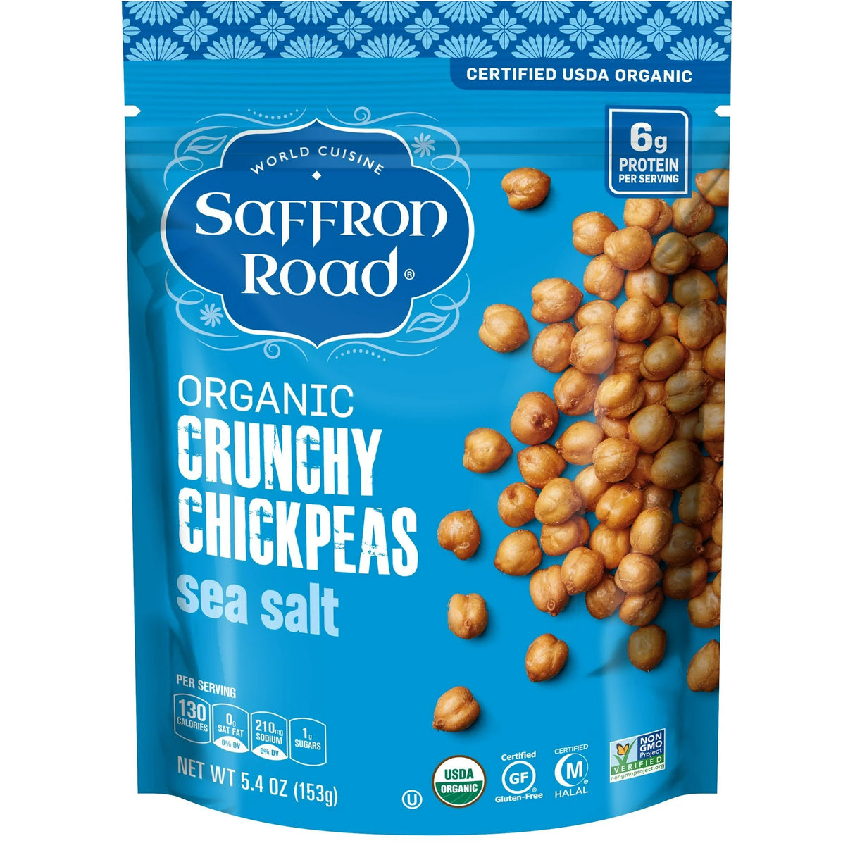 Saffron Road organic crunchy chickpeas sea salt packaging on a white background
