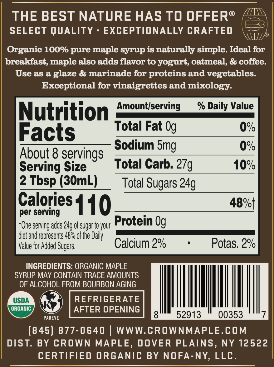 Crown Maple Syrup, Bourbon Barrel Aged, Organic, Case of 8, 8.5 Fl. Oz. Bottles