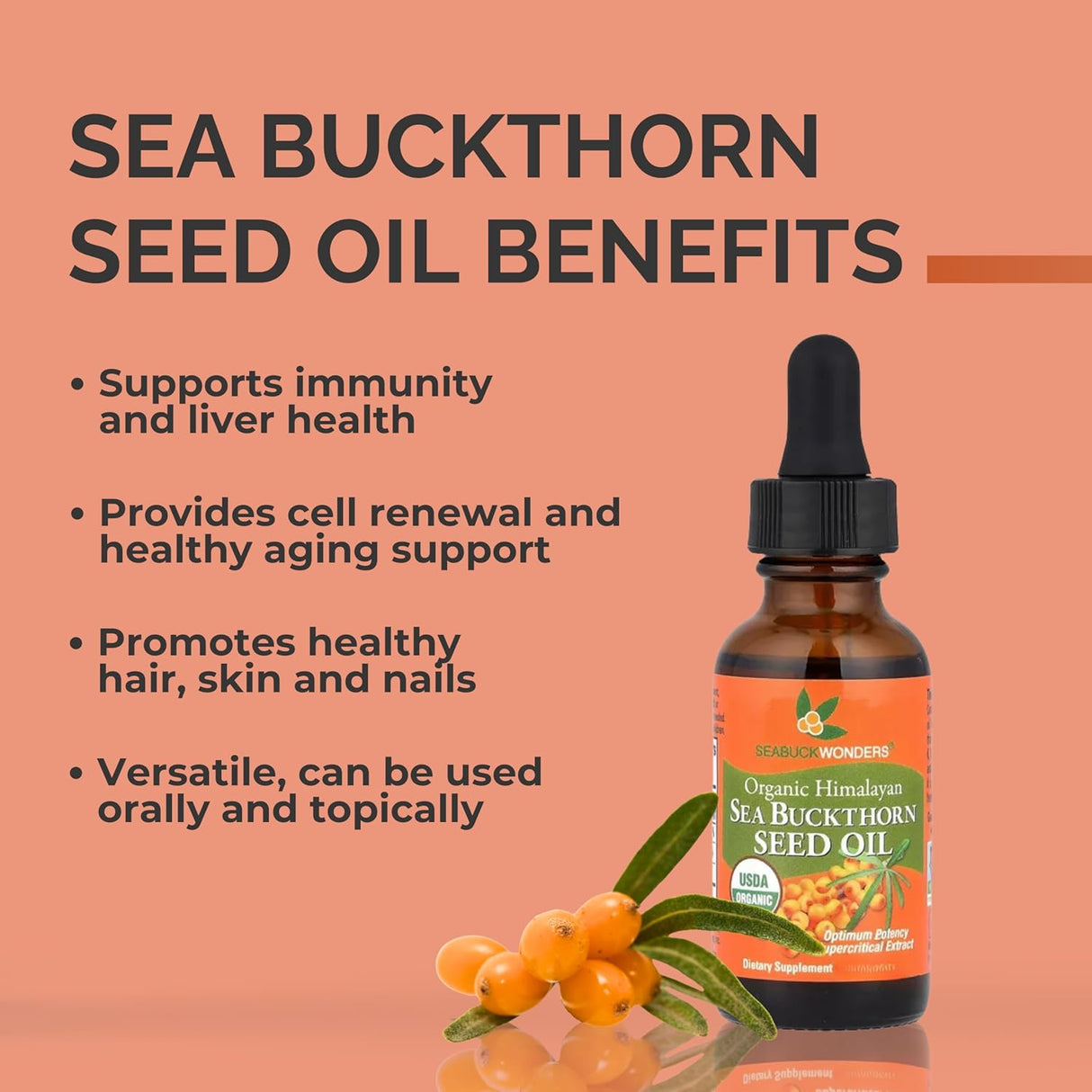 Sea buckthorn seed oil bottle with benefits listed on a peach background