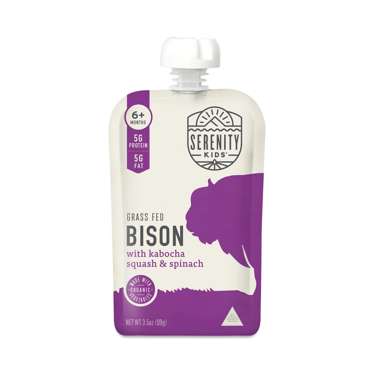 Serenity Kids grass-fed bison with kabocha squash and spinach pouch on a white background