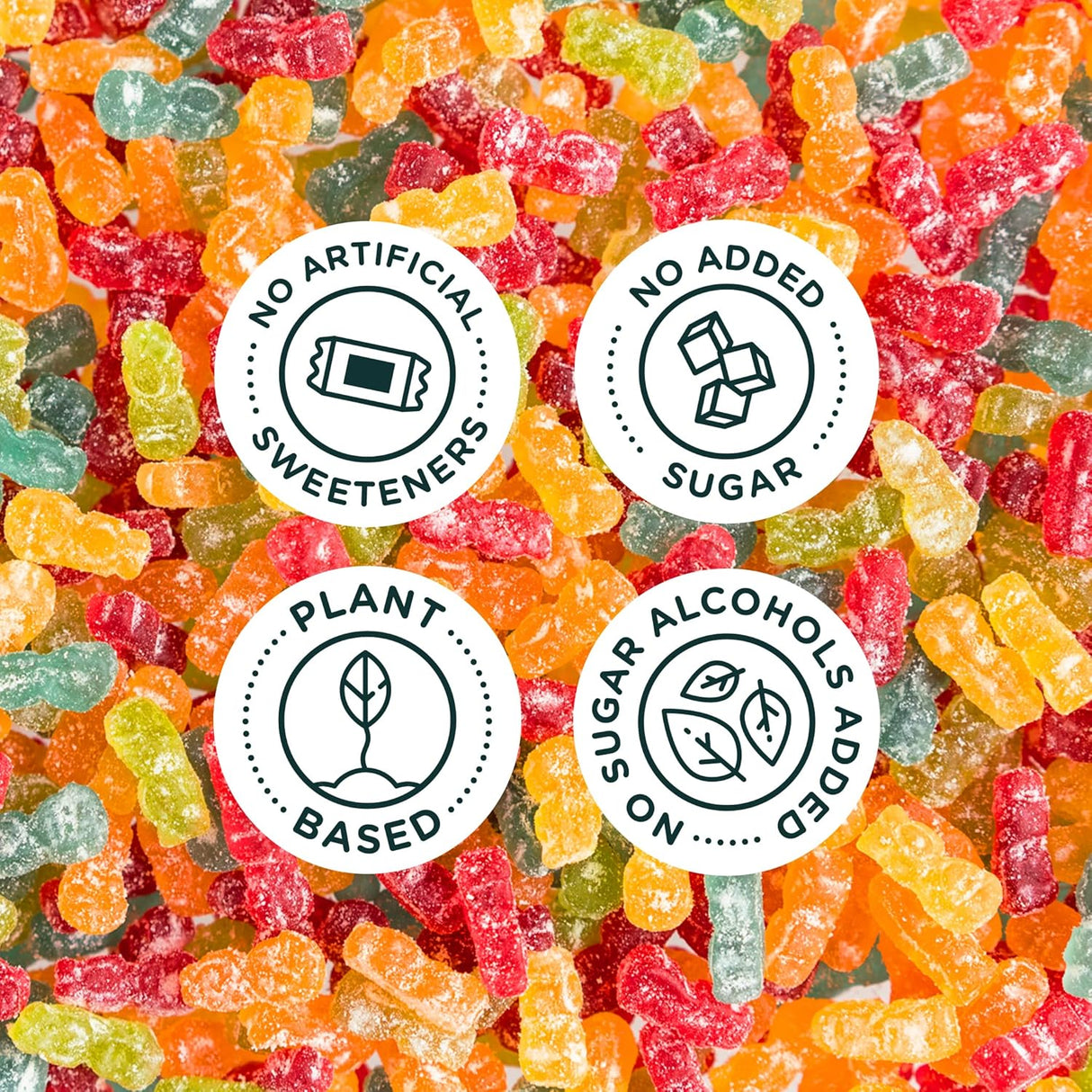 Colorful Sour Blast Buddies with health-related certification badges on a background of Sour Blast Buddies