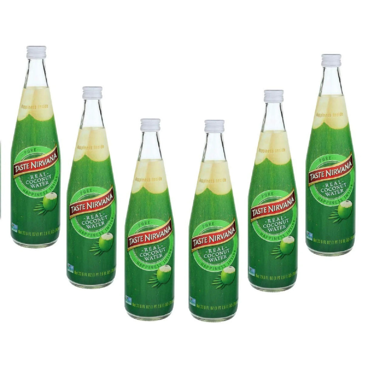 Multiple bottles of Taste Nirvana Real Coconut Water on a white background