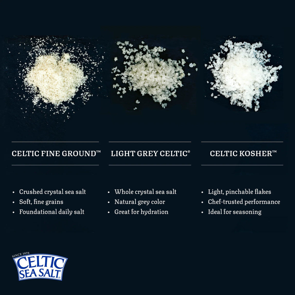 Three types of Celtic Sea Salt with descriptions on a black background