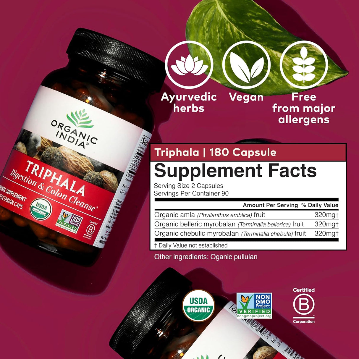 Triphala supplement bottle with label on a magenta background