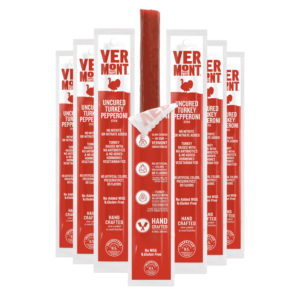 Vermont Uncured Turkey Pepperoni stick with multiple red and white packages on a white background