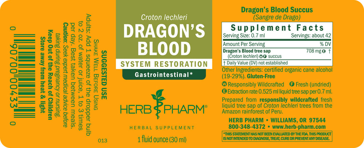 Herb Pharm Dragon's Blood supplement label with supplement facts and branding.