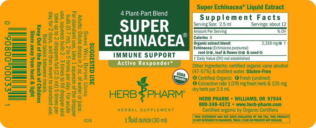 Herb Pharm Super Echinacea supplement label on a yellow background