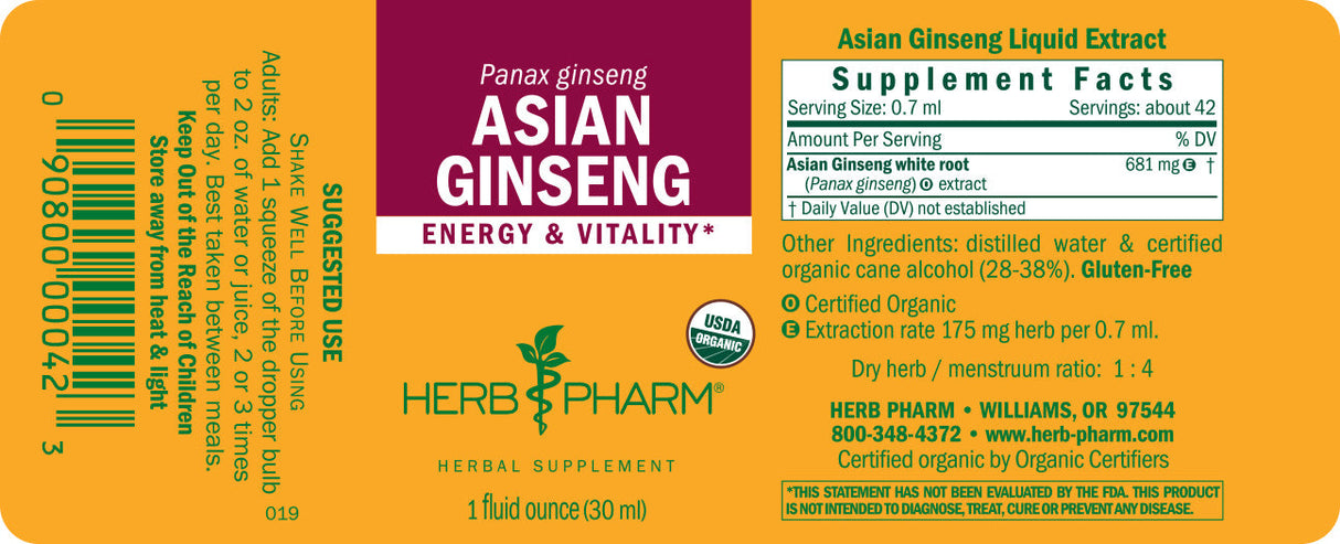 Herb Pharm Asian Ginseng supplement label on a yellow background
