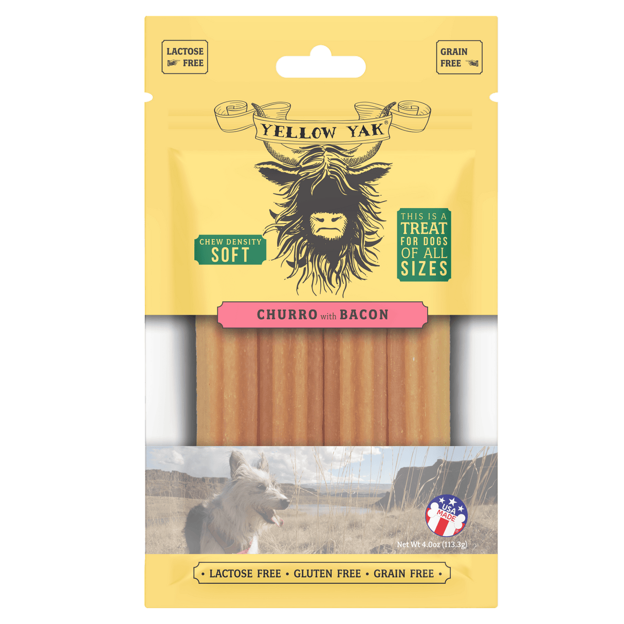 Yellow Yak Churro Bacon Soft & Dense Chews (Pack of 6 - 4 Oz) - Cozy Farm