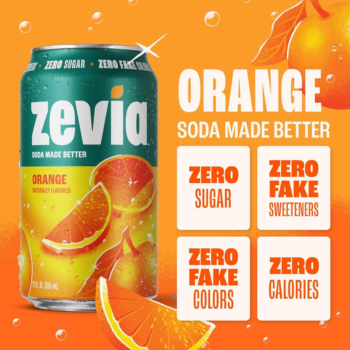 Zevia orange soda can on an orange background with text highlighting health benefits.