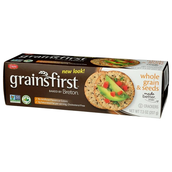 Box of grainsfirst crackers with a picture of a cracker on a white background