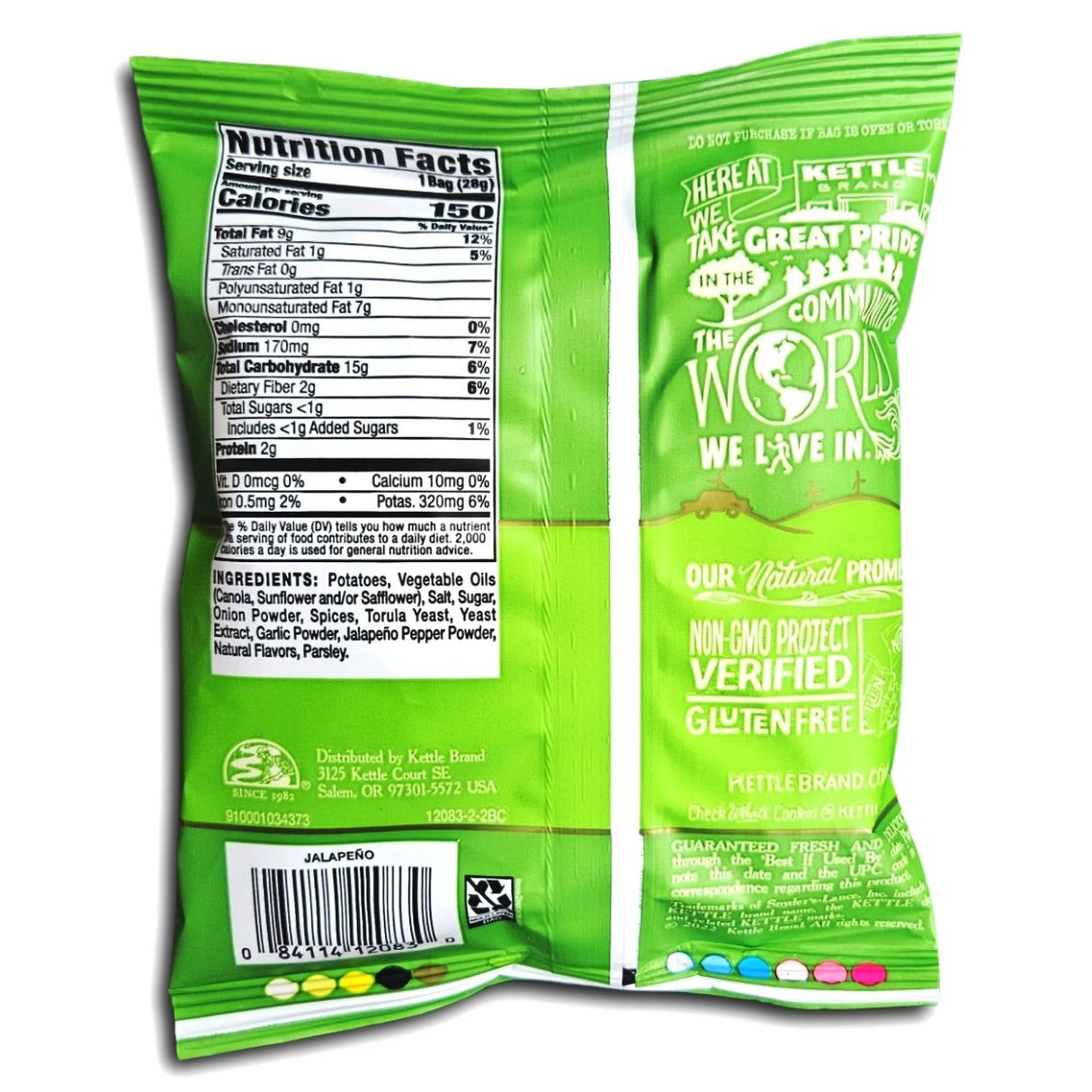 bag of Kettle Brand Jalapeno potato chips with nutrition facts label and branding on a white background