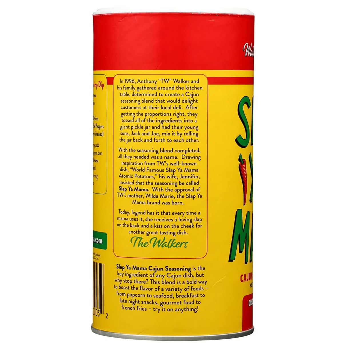 Can of Walkers Slap Ye Mama Cajun seasoning with text on a white background