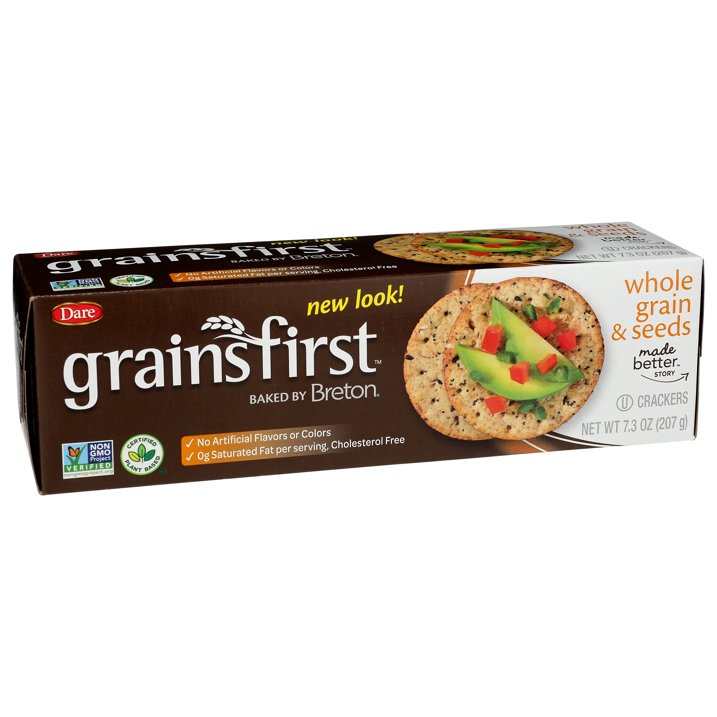 Box of grainsfirst crackers with a new look label on a white background