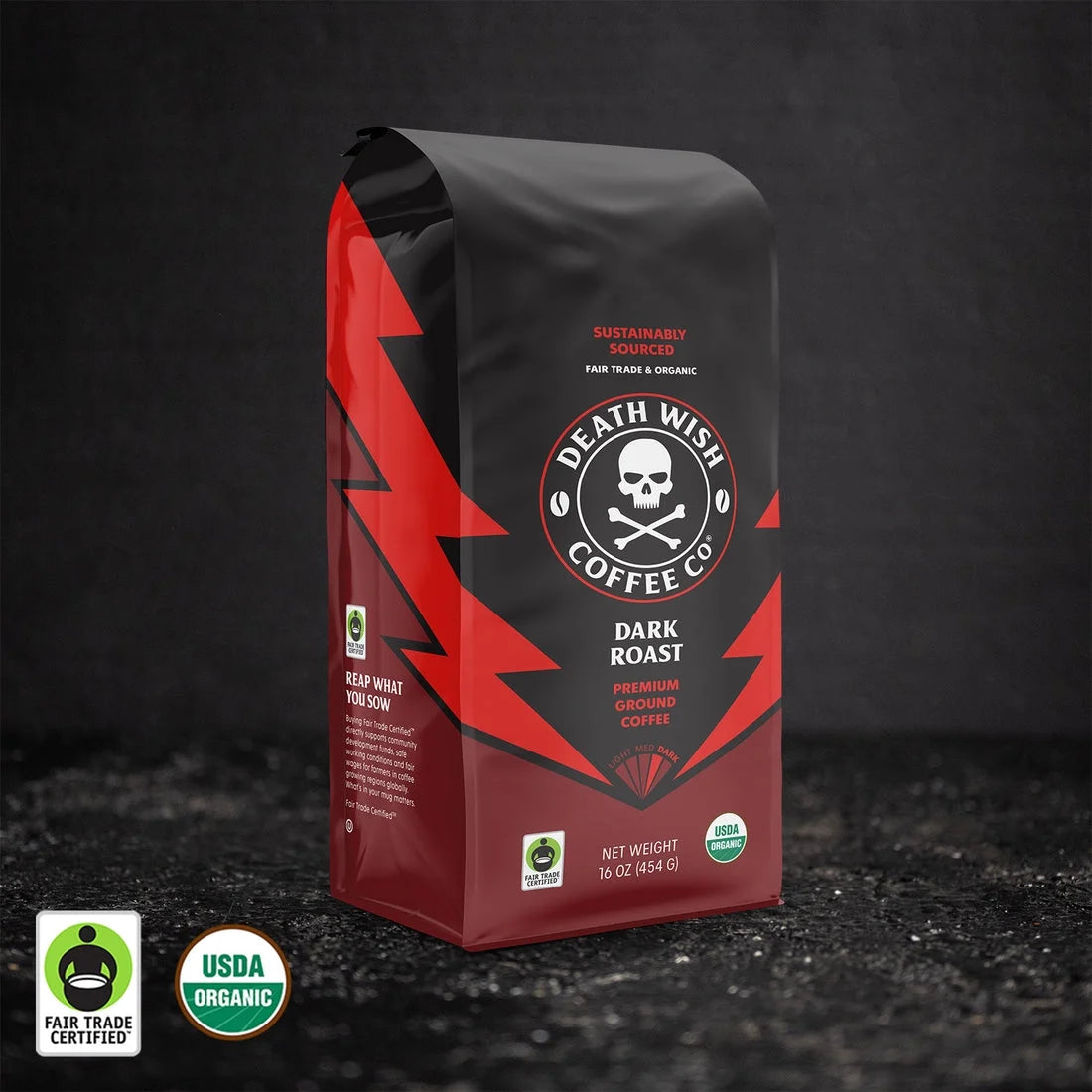 Death Wish Coffee - Organic Dark Roast Ground, 10 oz (Pack of 6) - Strongest Coffee Beans