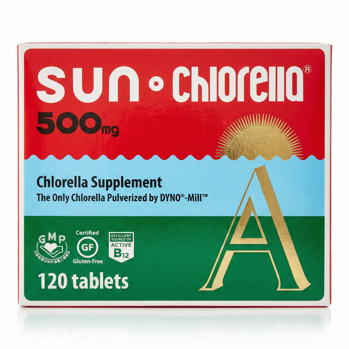 Sun Chlorella supplement box with red, green, and blue design on a white background