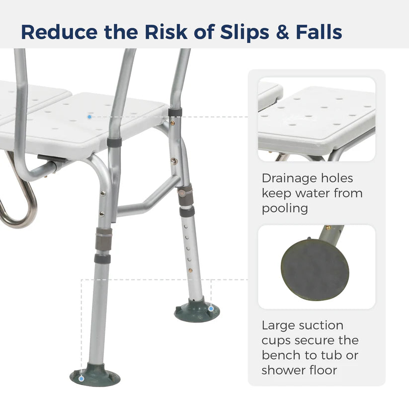 Bath bench with suction cups and drainage holes for safety and stability.