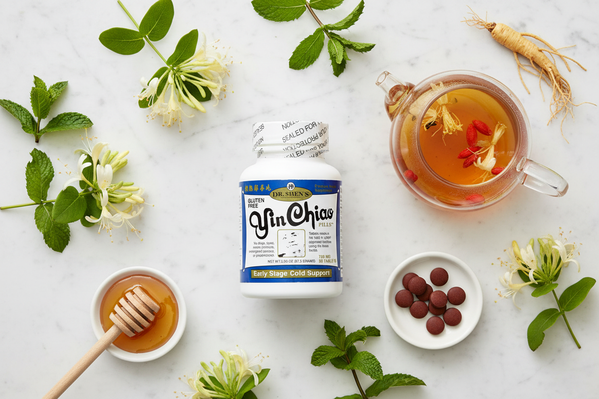 Dr. Shen's Yin Chiao Herbal Flat Lay