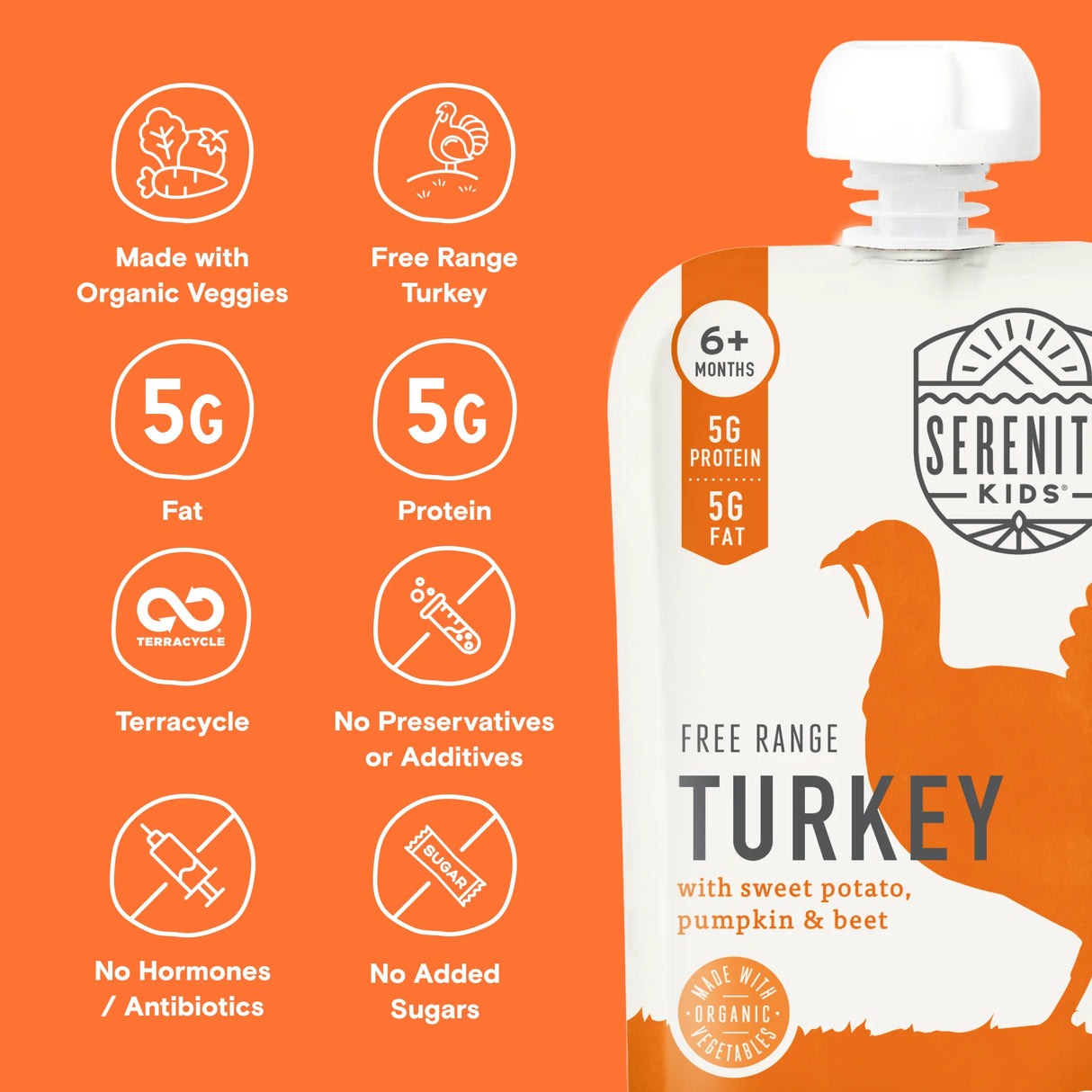Serenit Kids free range turkey product packaging with nutritional information on an orange background