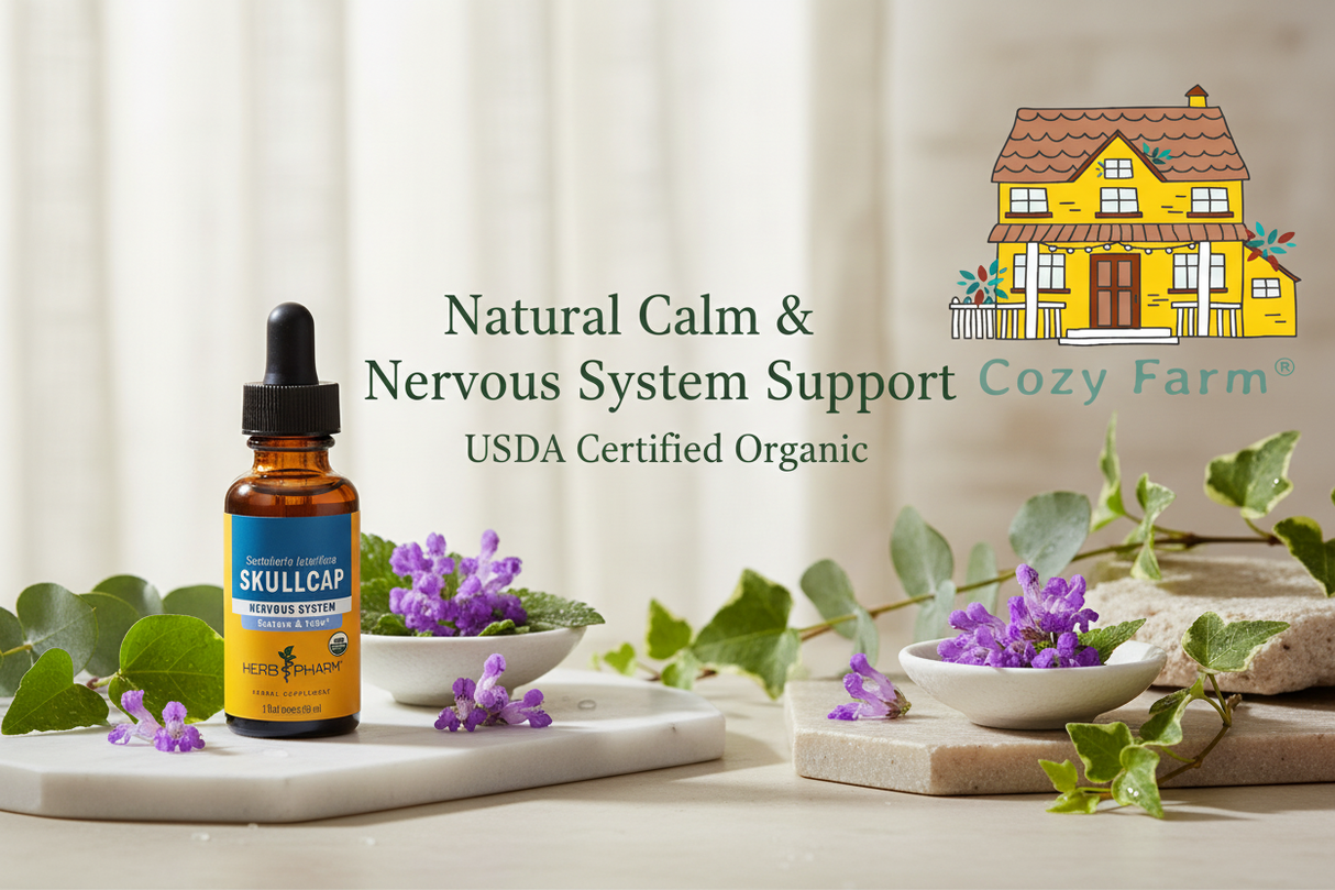 Herb Pharm Skullcap Banner with Product and Cozy Farm Logo