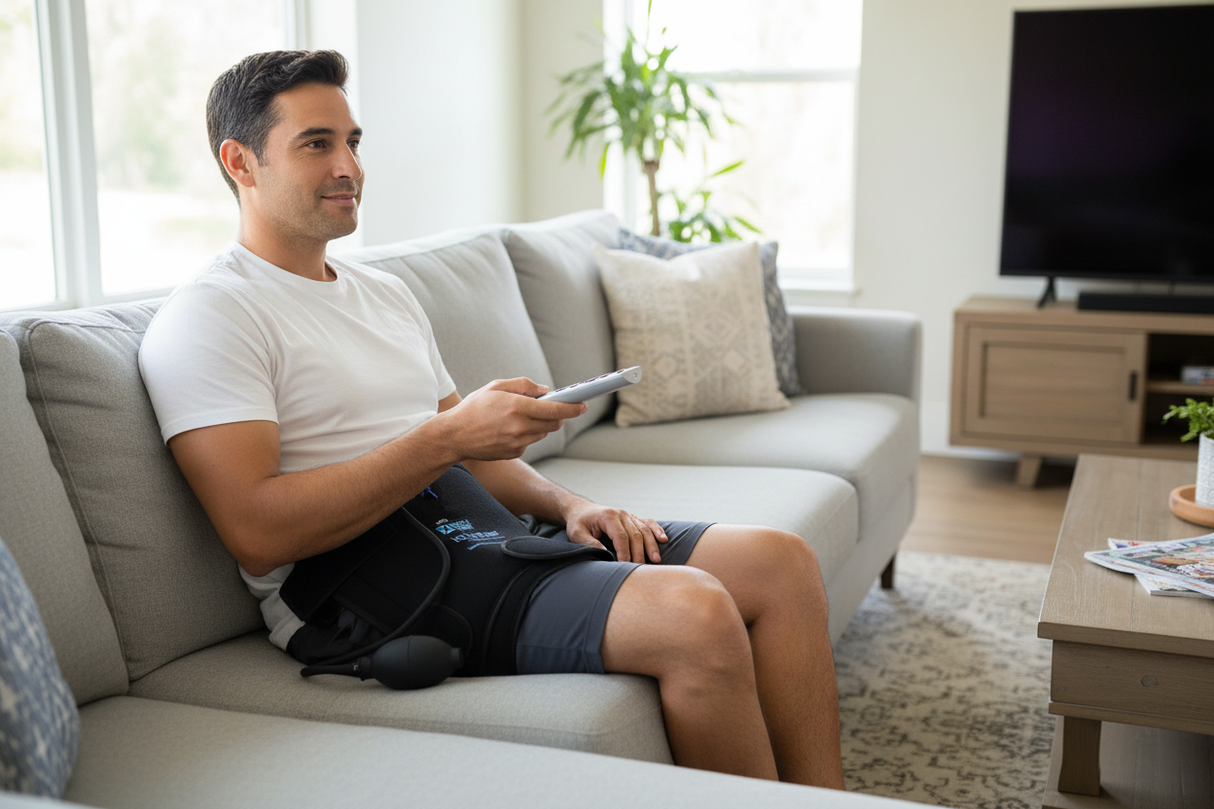 Hispanic man wearing hip compression wrap on couch