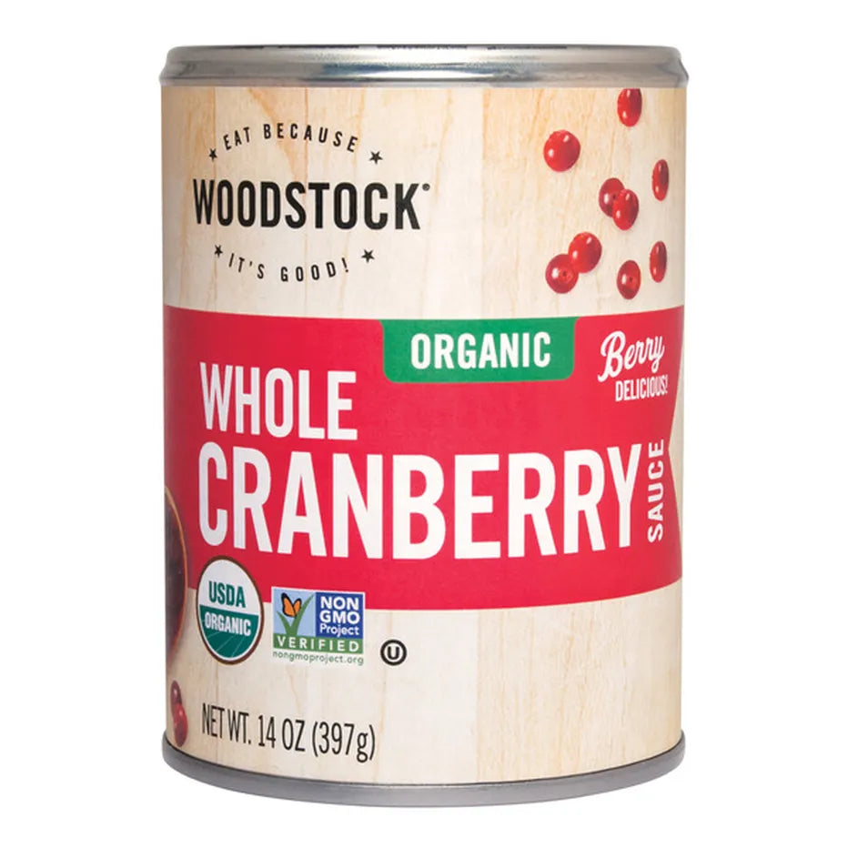 Can of Woodstock Organic Whole Cranberry Sauce on a white background
