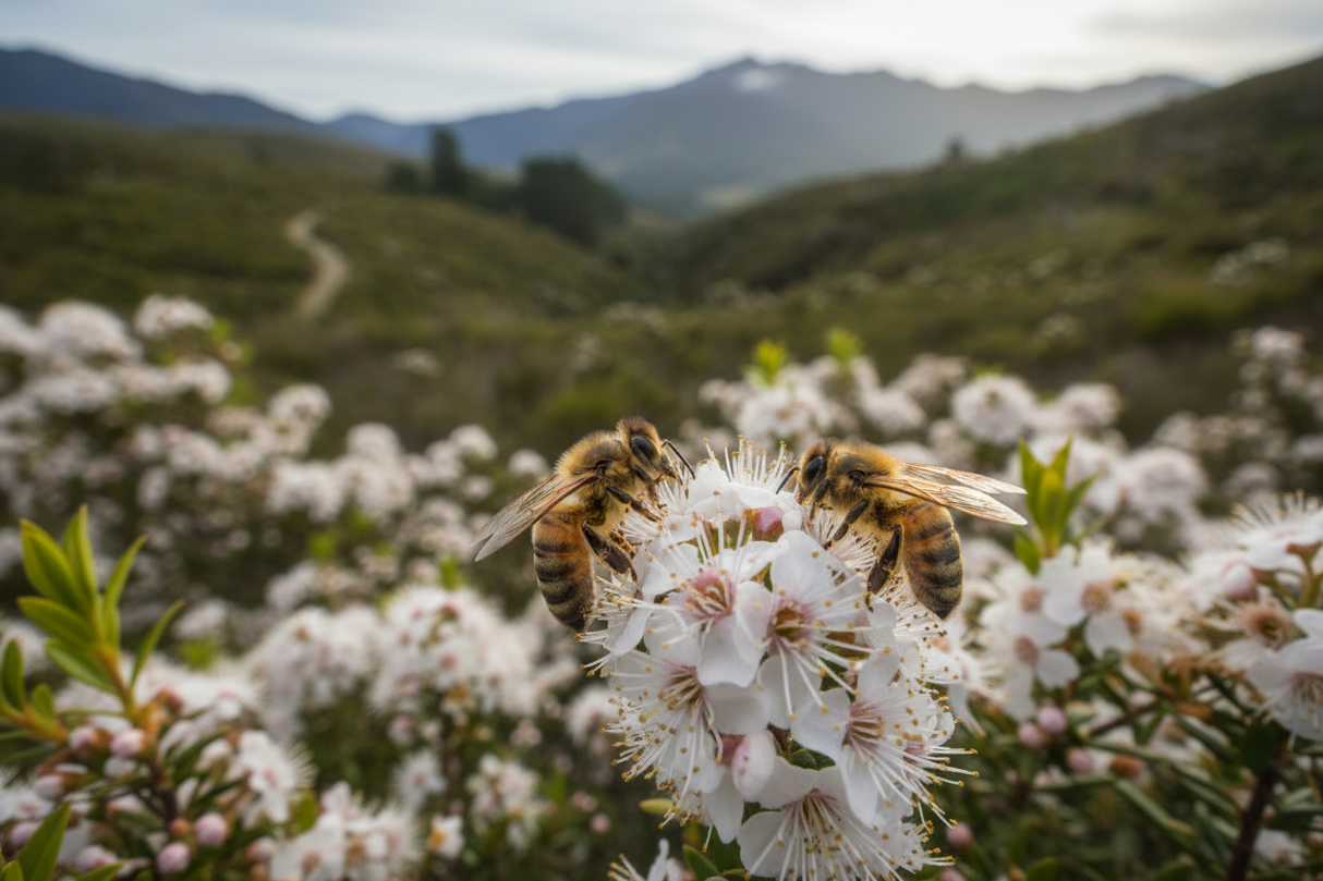 Manuka plants with prominent bees in New Zealand