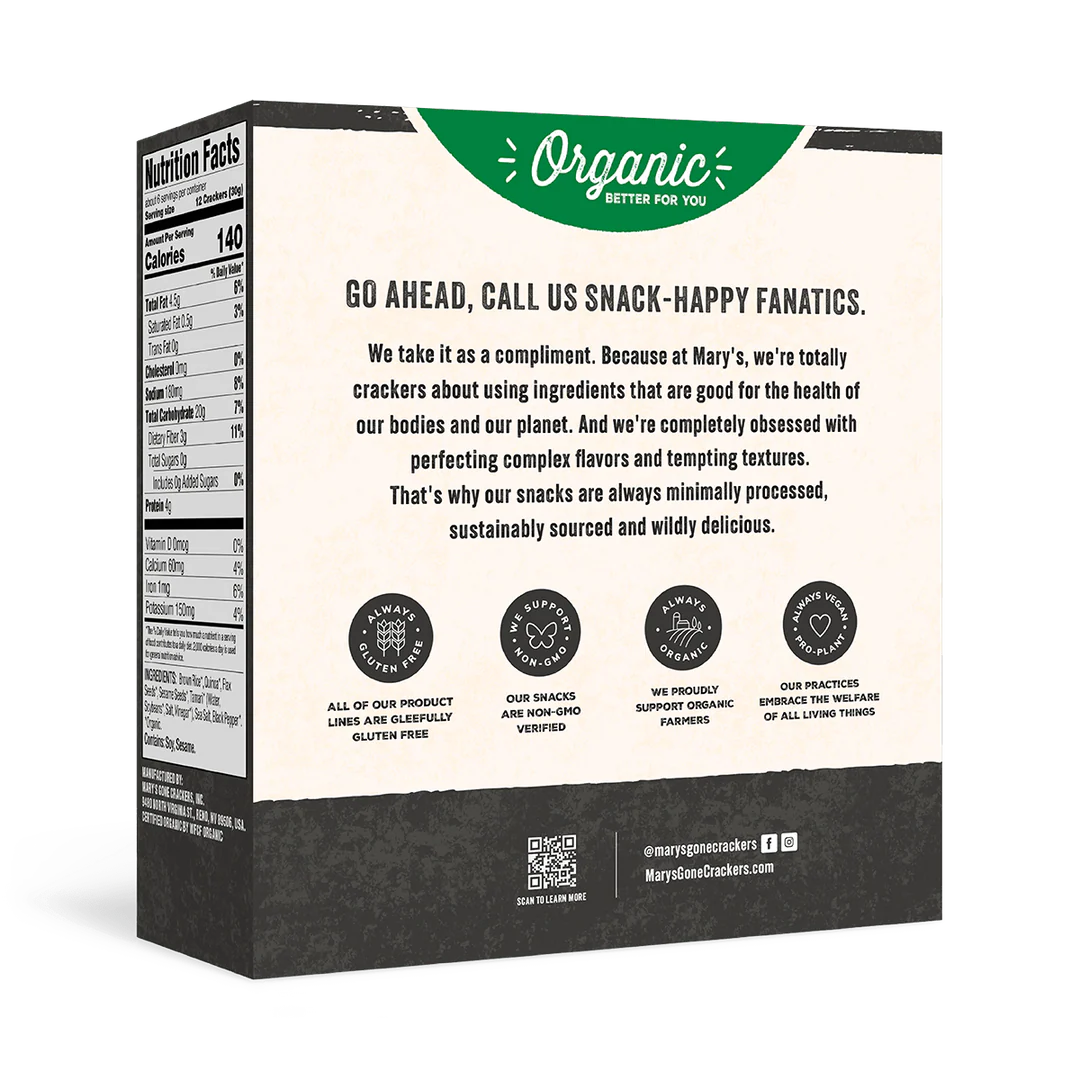 Back of a snack packaging with text and logos on a white background