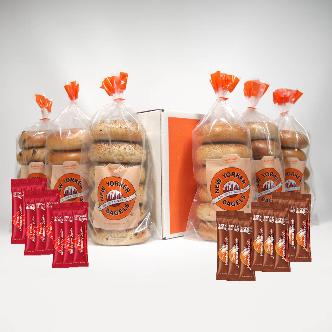 The New Yorker + Spreads, NYC Bagel Variety Box, 3 Dozen with Chocolate Hazelnut & Raspberry Jam