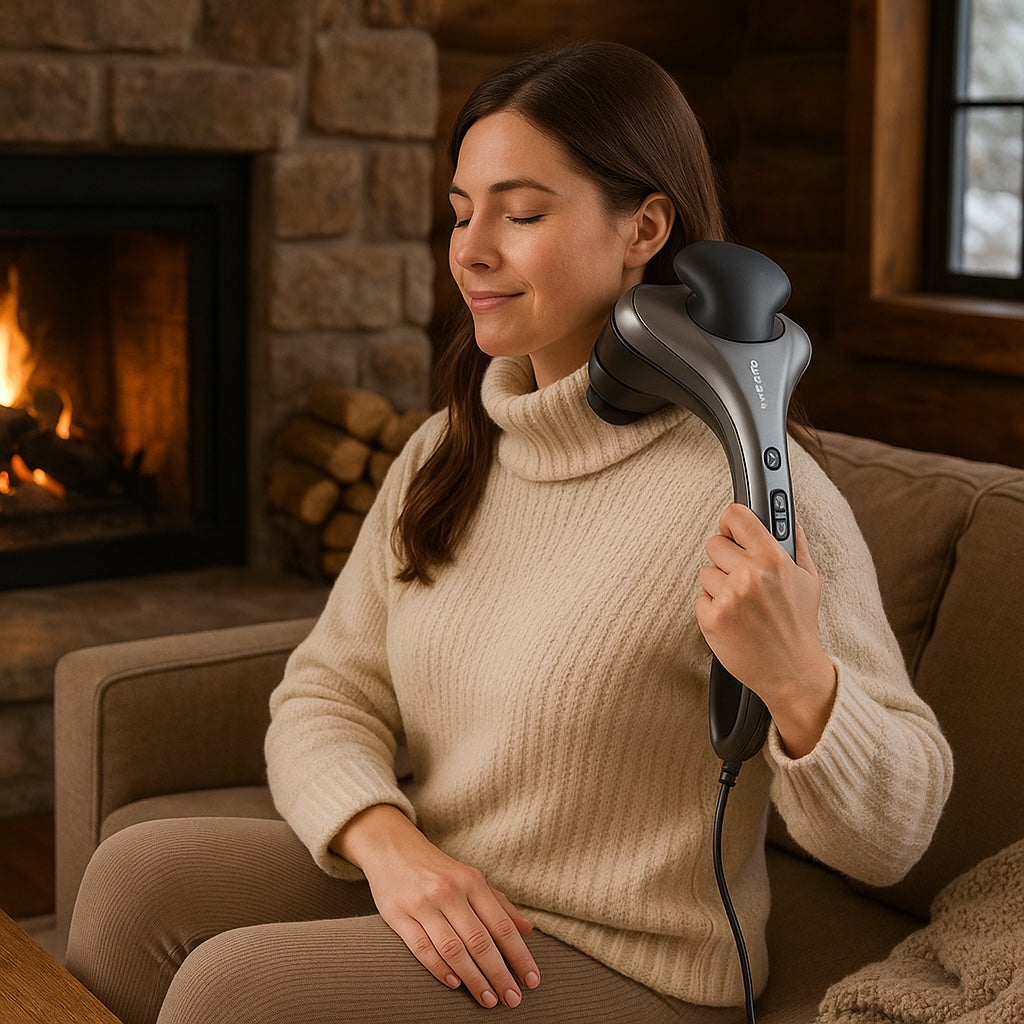 A woman uses an obusforme handheld massager on her neck while sitting on a cozy couch near a stone fireplace.