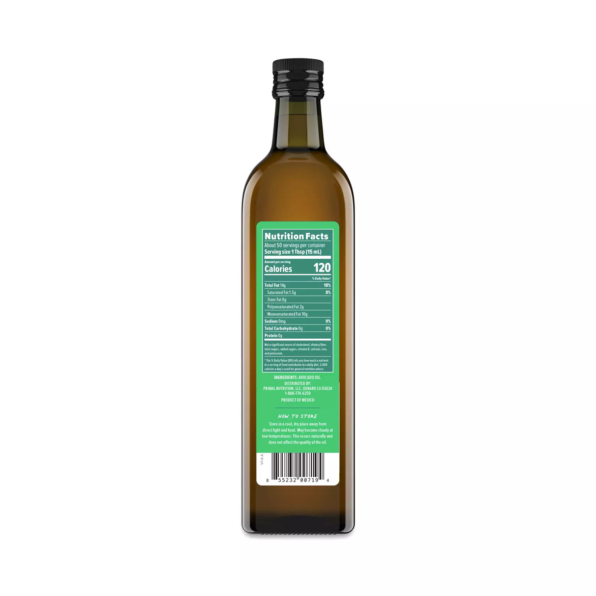 Bottle of avocado oil with a green label on a white background