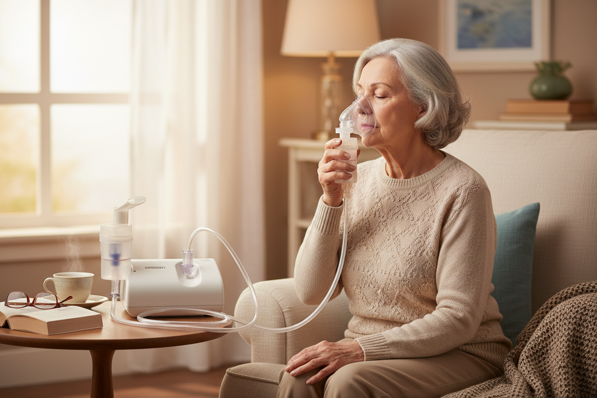 Omron Nebulizer Senior Woman Home Treatment