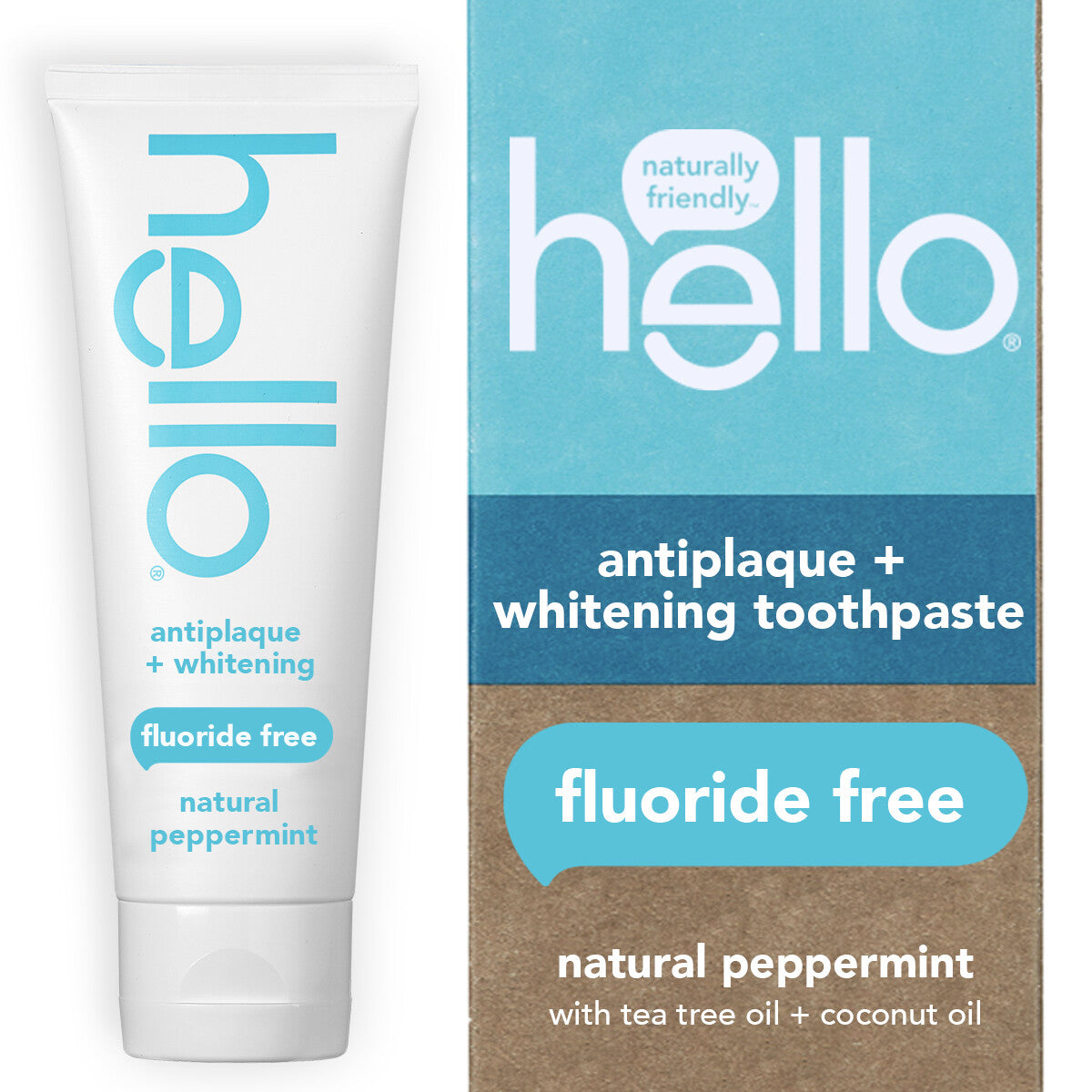 Tube and packaging of 'hello' fluoride-free antiplaque + whitening toothpaste with natural peppermint flavor.