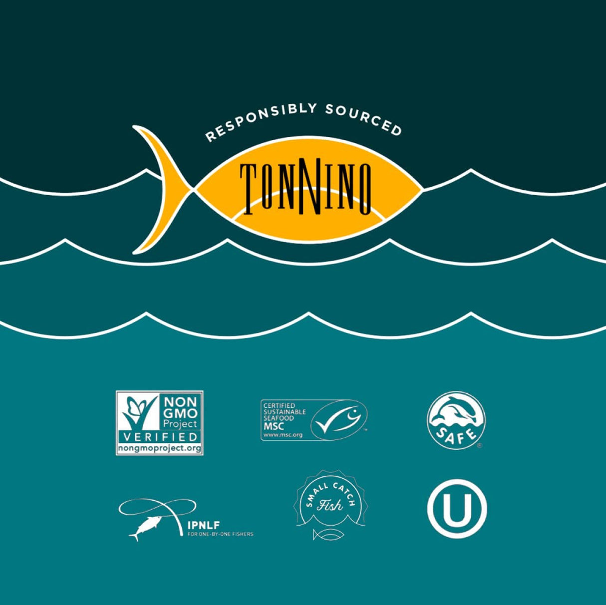 TonNino logo with fish illustration on a teal wave background, featuring certification logos.