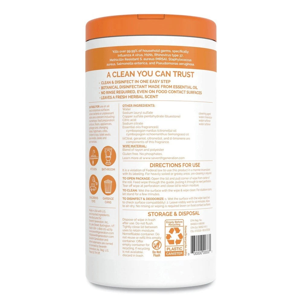 Seventh Generation Lemongrass & Citrus Disinfecting Wipes, 70 Wipes, Pack of 6