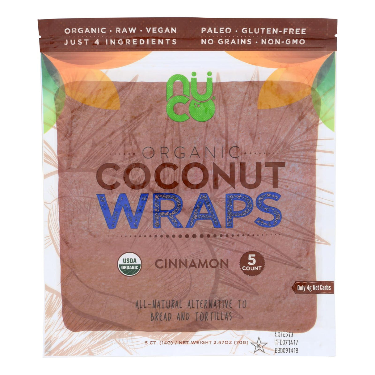Nuco Organic Cinnamon Coconut Wraps (Case of 12 - 2.47 Oz.) - Cozy Farm