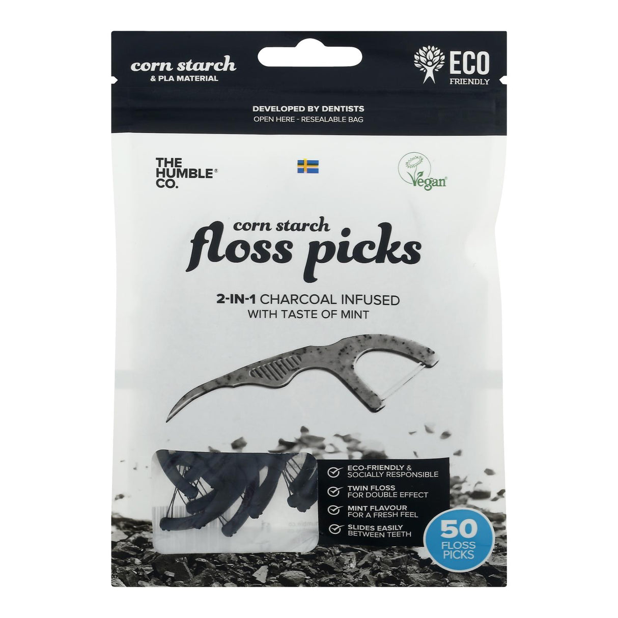 Humble Co Charcoal Mint Floss Picks (Pack of 4 - 50 Each) - Cozy Farm