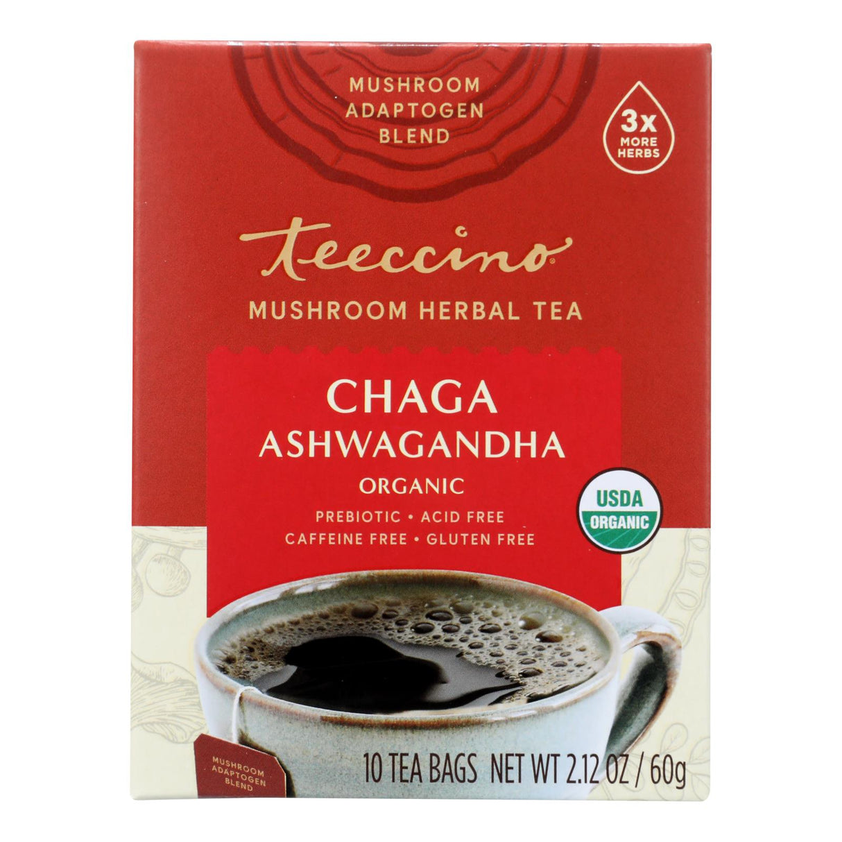 Teeccino Mush Tea Chaga Ashwagandha - Case of 60 Bags - Cozy Farm