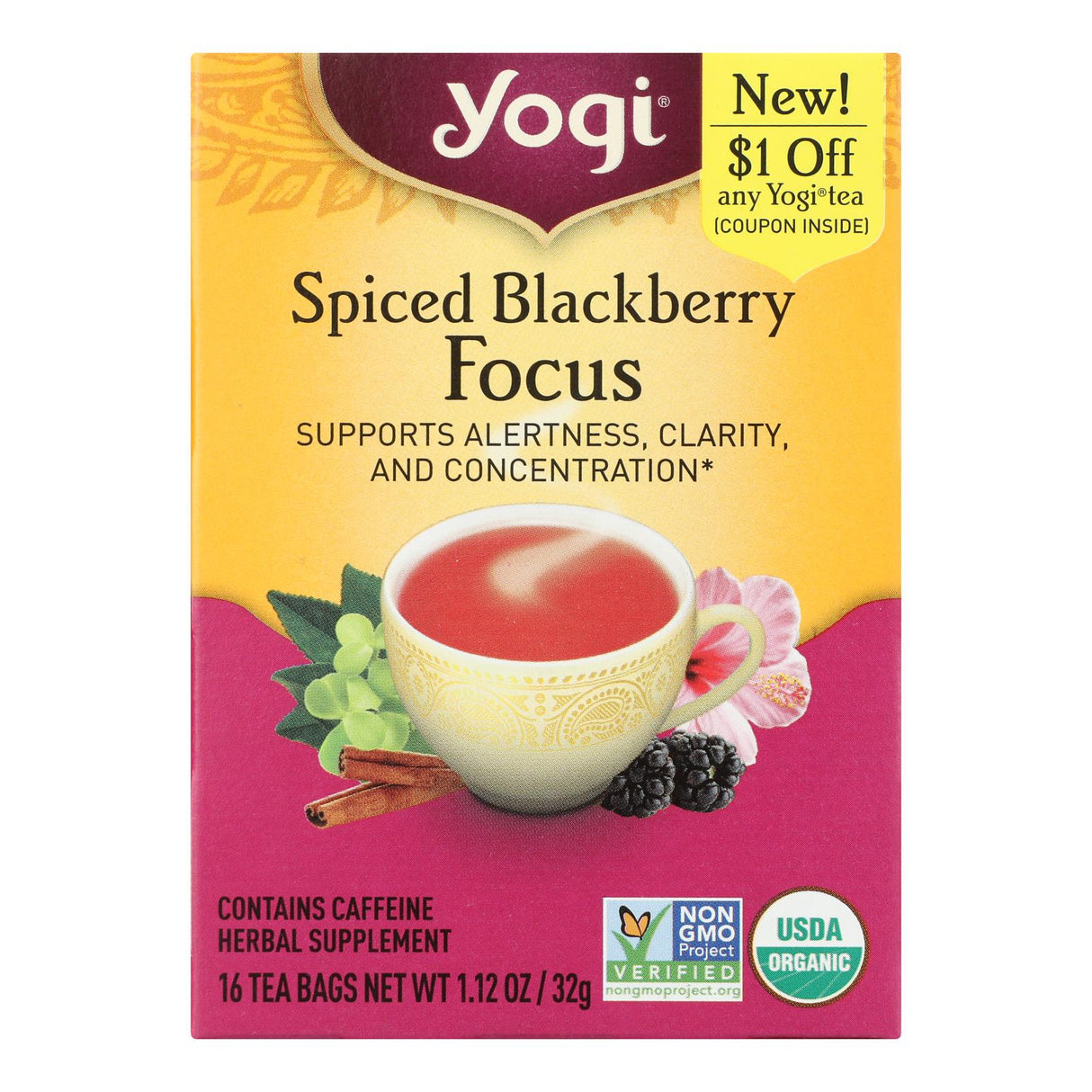 Yogi Tea Blackberry Focus Tea, Supports Brain Health, Contributes to Cognitive Function - Case of 6 (16 Tea Bags) - Cozy Farm