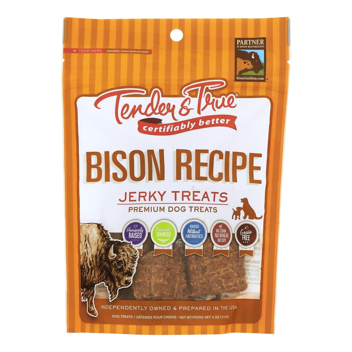 Tender & True Bison Recipe Jerky Dog Treats - 4 Oz Bag (Case of 10) - Cozy Farm