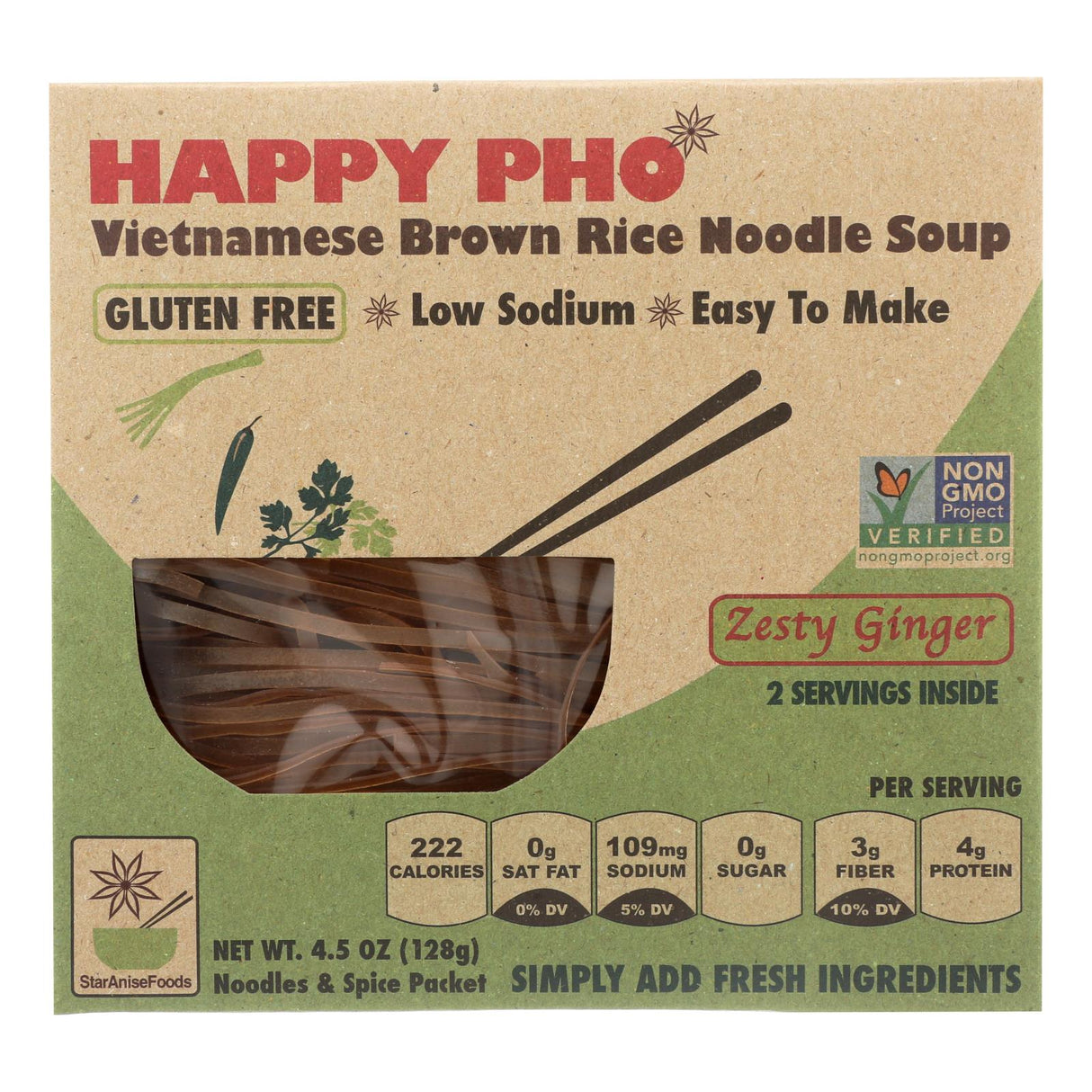 Vietnamese Happy Phở Zesty Ginger Brown Rice Noodle, 4.5 Oz (Pack of 6) - Cozy Farm