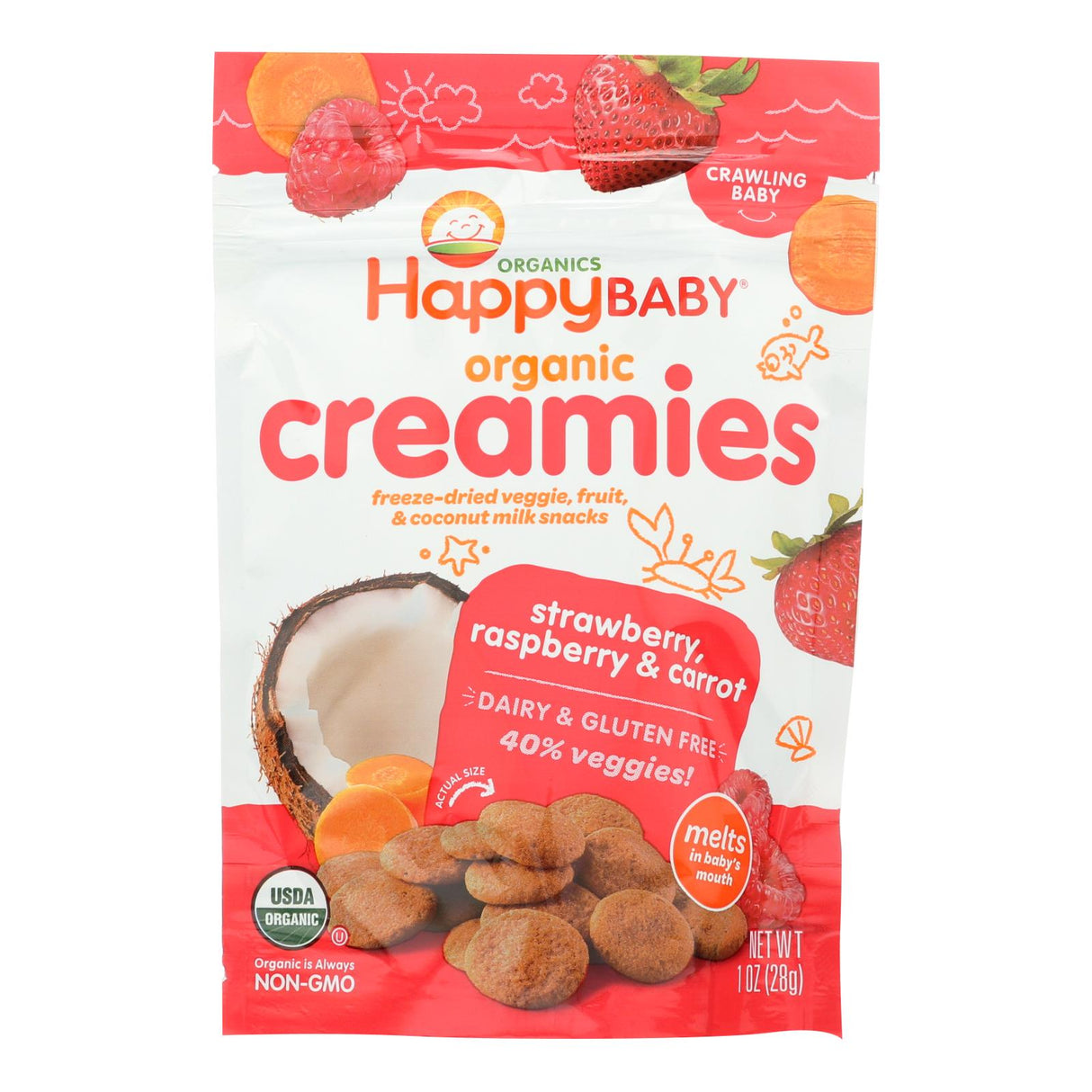 Happy Creamies Organic Snacks - Strawberry and Raspberries (Pack of 8, 1 Oz.) - Cozy Farm