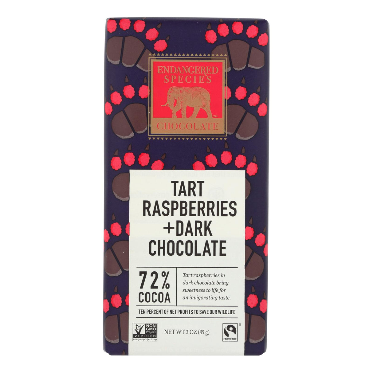 Endangered Species Dark Chocolate Bars (Pack of 12) - Natural, 72% Cocoa with Raspberries - 3 Oz. - Cozy Farm