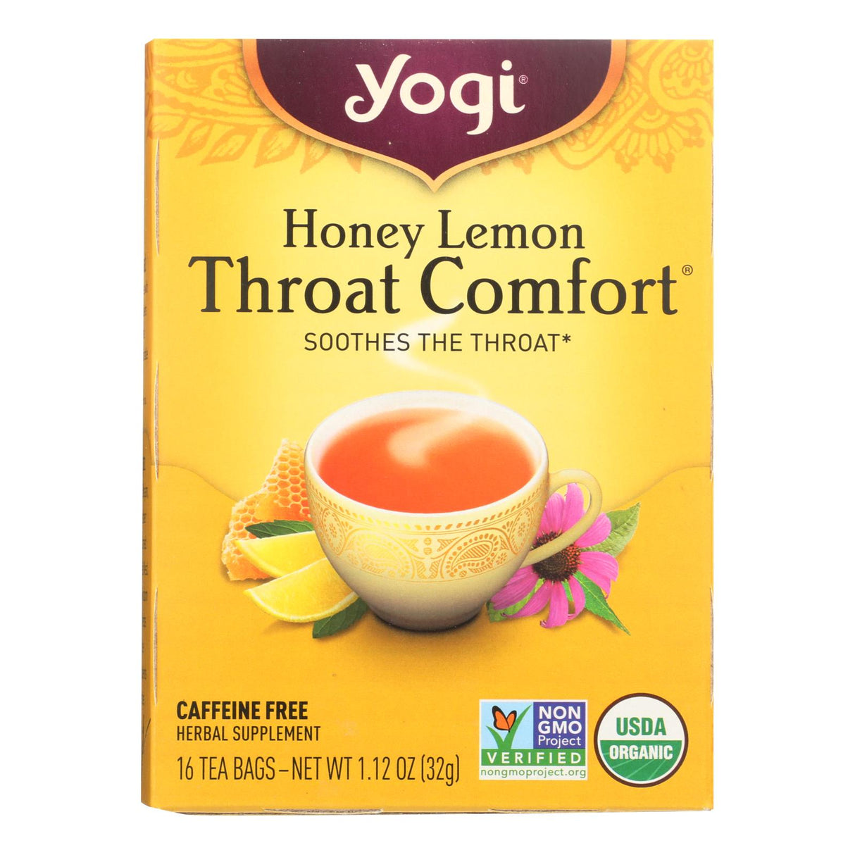 Yogi Throat Comfort Herbal Tea, Honey Lemon, Caffeine-Free - 16 Tea Bags (Pack of 6) - Cozy Farm
