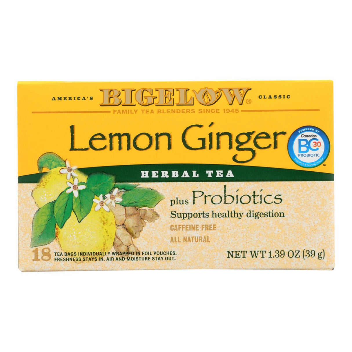 Bigelow Lemon & Ginger Plus Herbal Tea, 18 Tea Bags, Pack of 6 - Cozy Farm