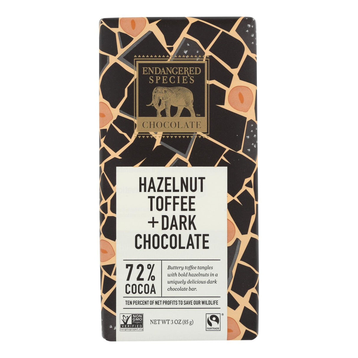 Endangered Species Dark Chocolate Bars (Pack of 12) - Natural, 72% Cocoa with Hazelnut Toffee - 3 Oz Each - Cozy Farm