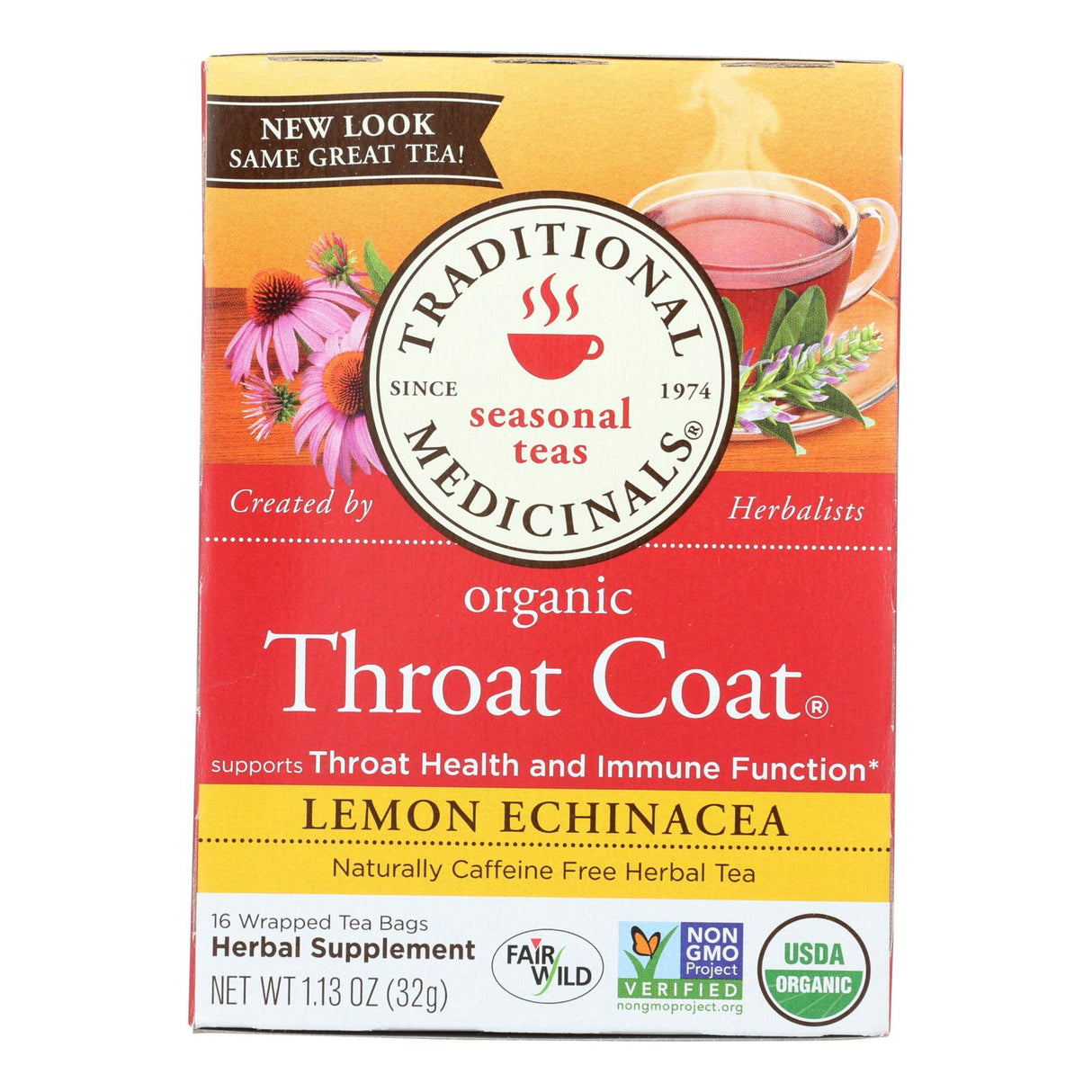Traditional Medicinals Lemon Echinacea Throat Coat Herbal Tea - 16 Tea Bags, 6-Pack - Cozy Farm